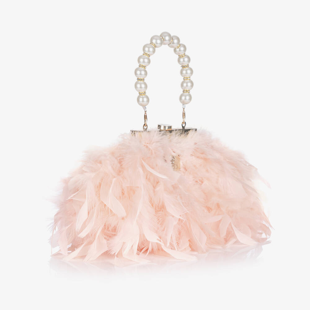 Junona-Girls Pink Feather Bag with Faux Pearl Handle (20cm) | Childrensalon