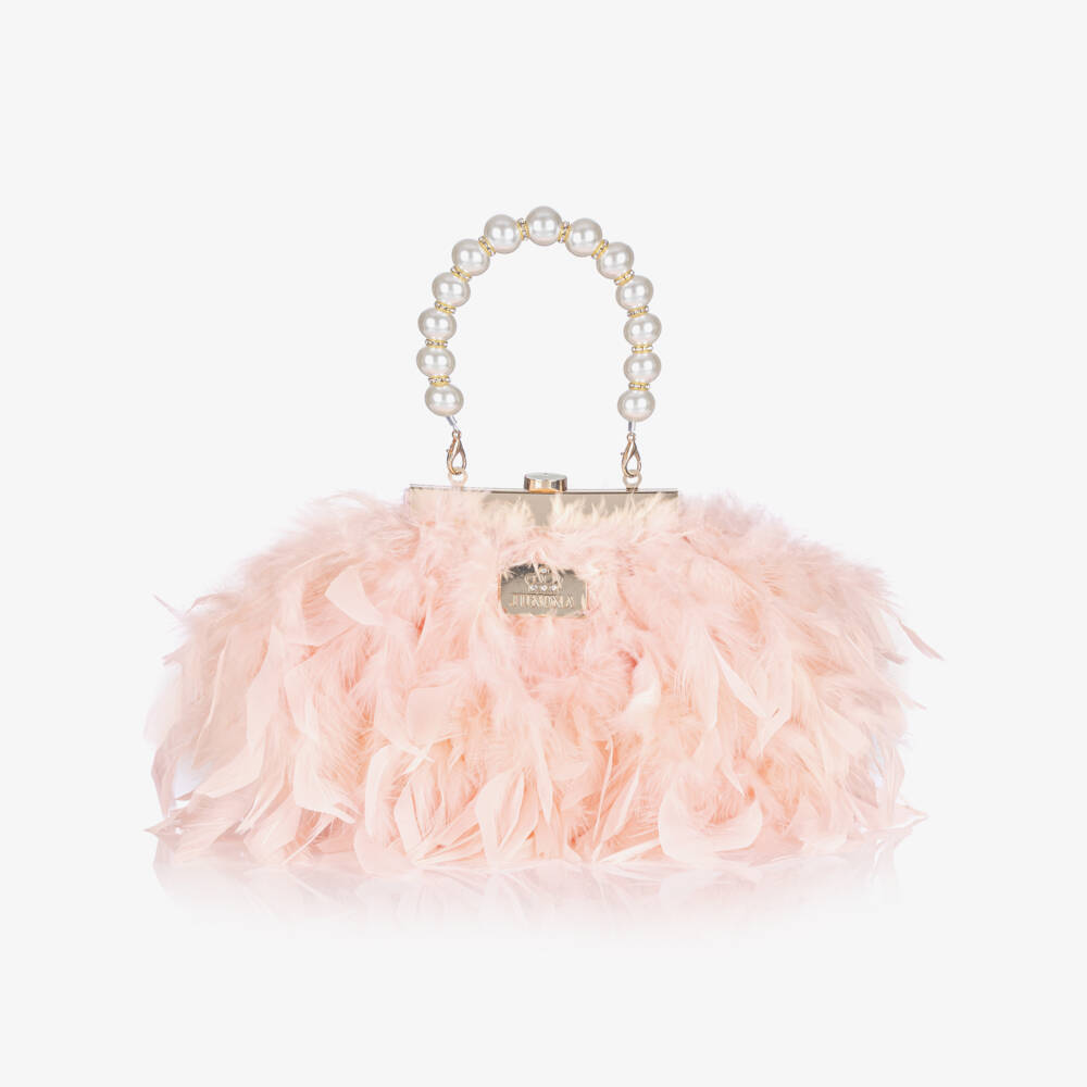 Junona-Girls Pink Feather Bag with Faux Pearl Handle (20cm) | Childrensalon