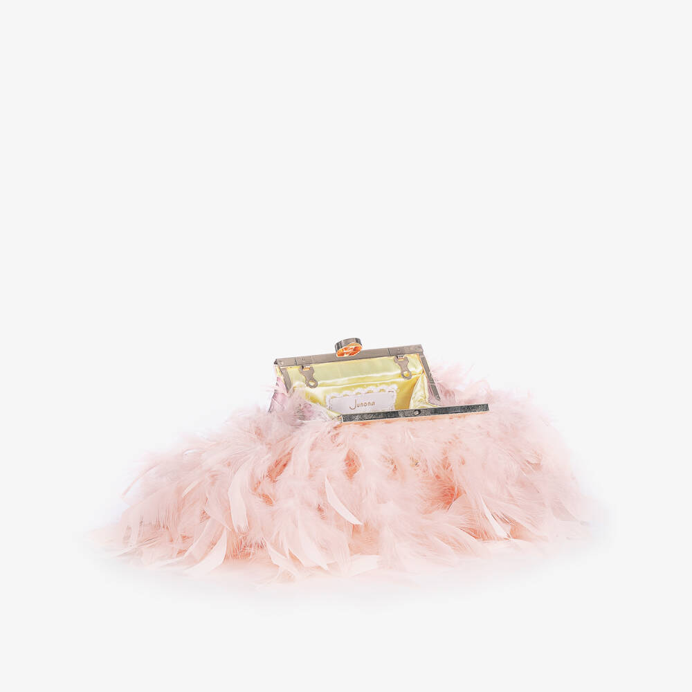 Junona-Girls Pink Feather Bag with Faux Pearl Handle (20cm) | Childrensalon