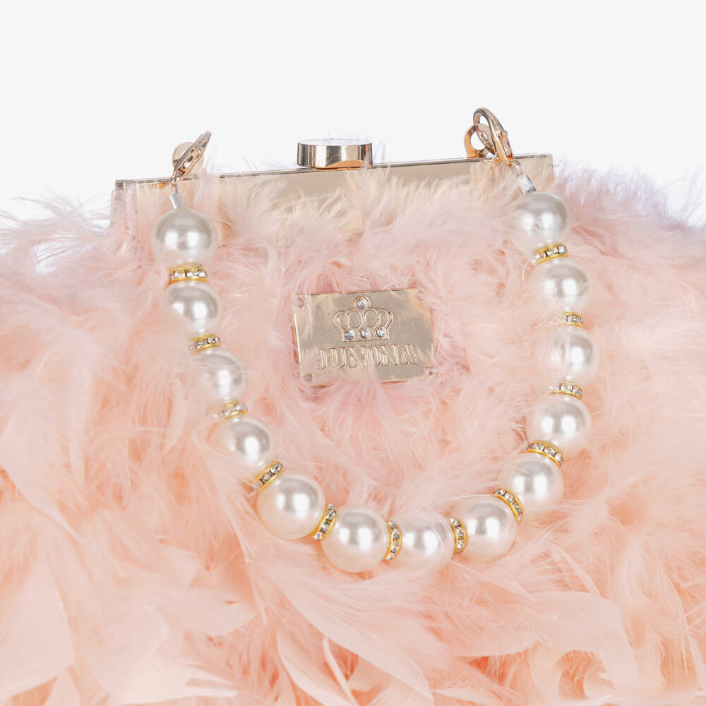 Junona-Girls Pink Feather Bag with Faux Pearl Handle (20cm) | Childrensalon