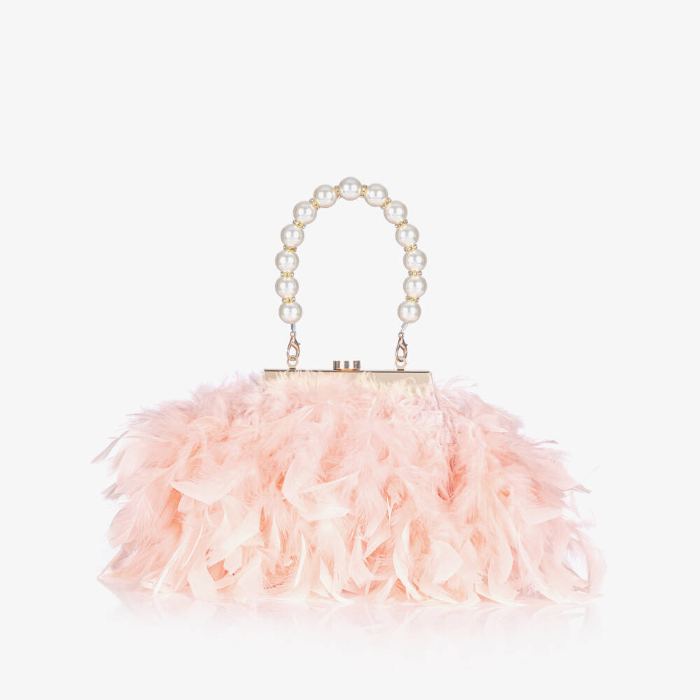 Junona-Girls Pink Feather Bag with Faux Pearl Handle (20cm) | Childrensalon