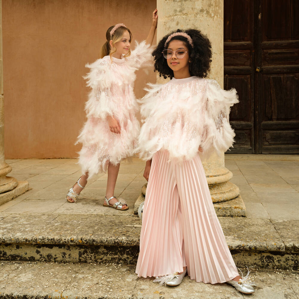 Junona-Girls Pink Feather & Sequin Dress | Childrensalon