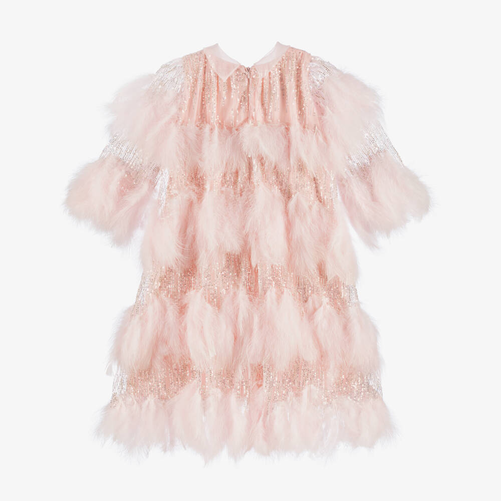 Junona-Girls Pink Feather & Sequin Dress | Childrensalon