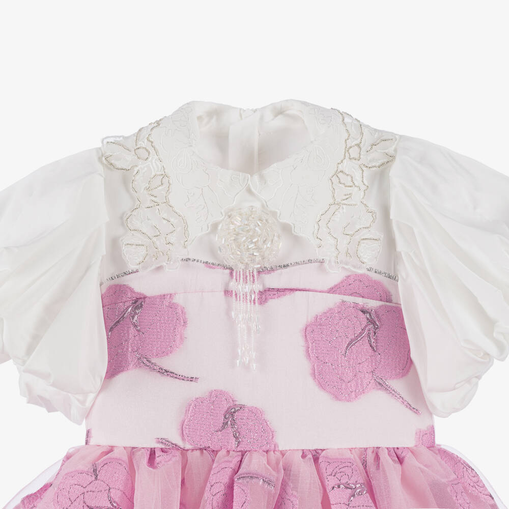 Junona-Girls Pink Floral Jacquard Dress | Childrensalon