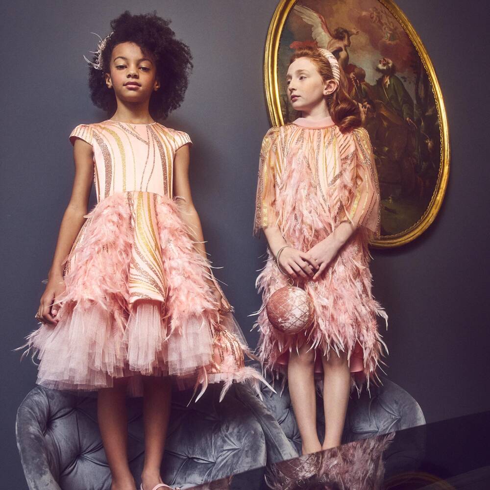 Junona-Girls Pink Glittery Tulle & Feather Dress | Childrensalon