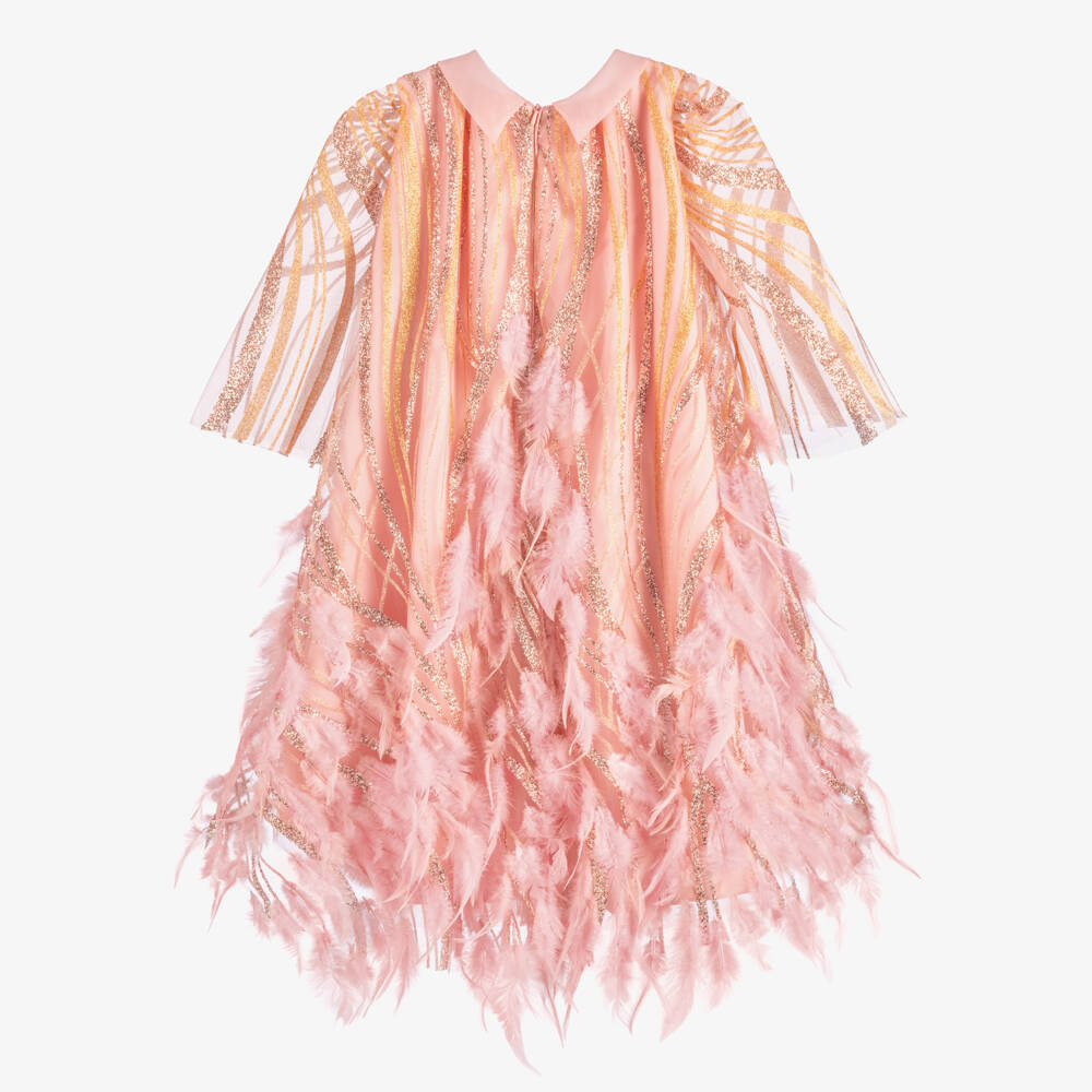 Junona-Girls Pink Glittery Tulle & Feather Dress | Childrensalon