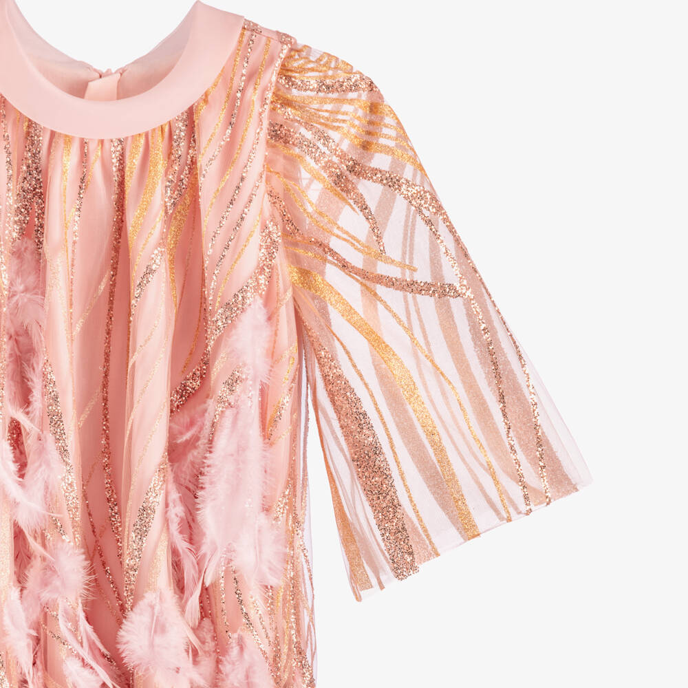 Junona-Girls Pink Glittery Tulle & Feather Dress | Childrensalon