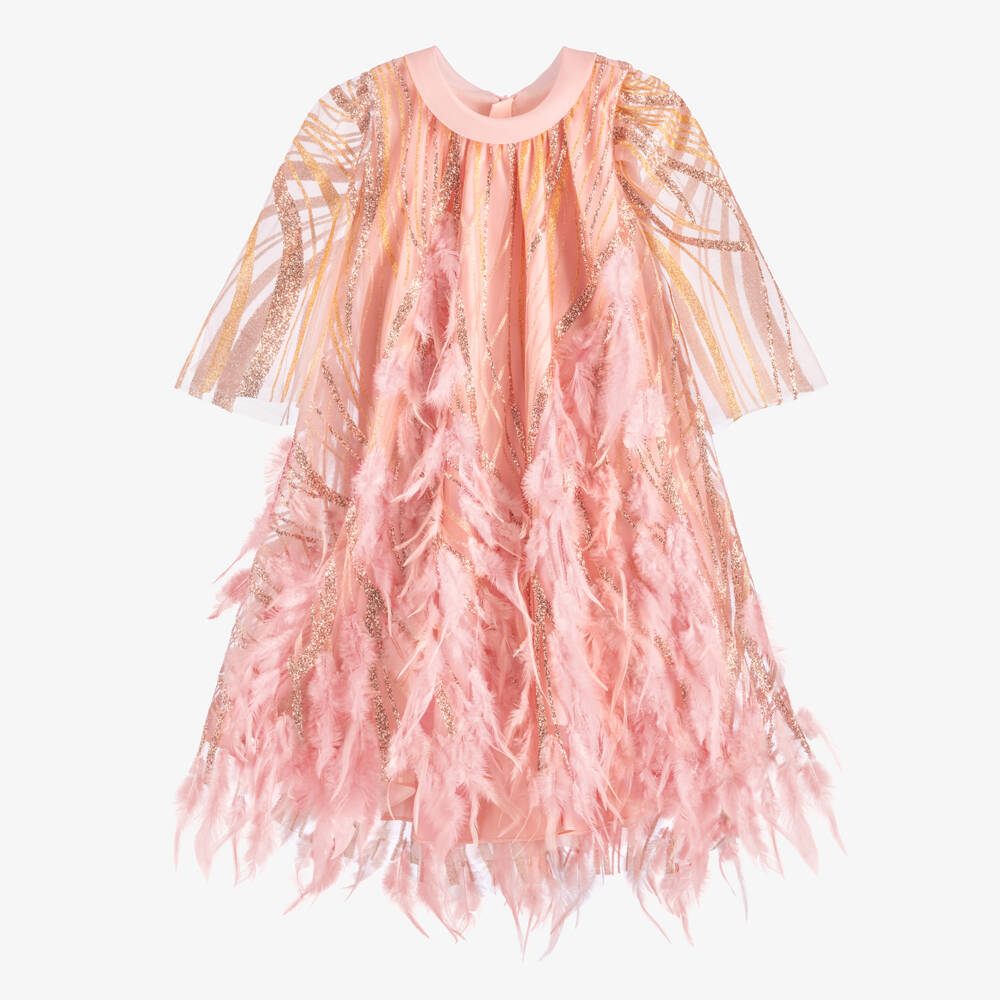 Junona-Girls Pink Glittery Tulle & Feather Dress | Childrensalon
