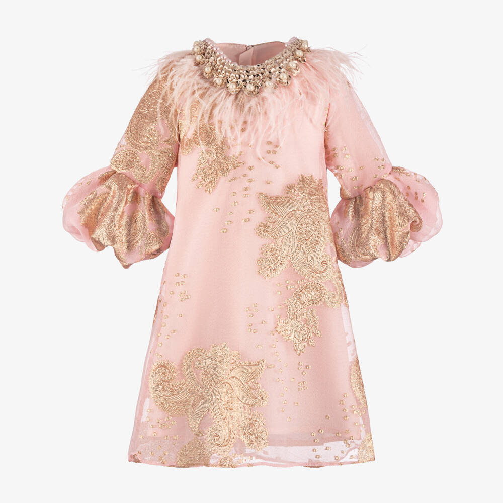 Junona-Girls Pink & Gold Filigree Jacquard Dress | Childrensalon