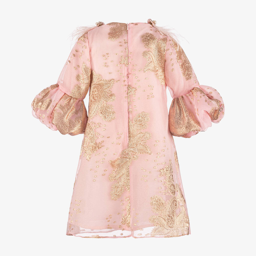 Junona-Girls Pink & Gold Filigree Jacquard Dress | Childrensalon