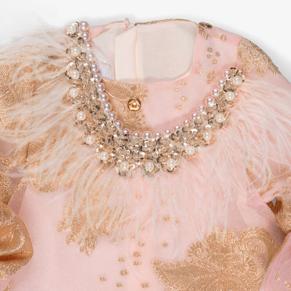 Junona-فستان جاكار لون زهري وذهبي للبنات | Childrensalon