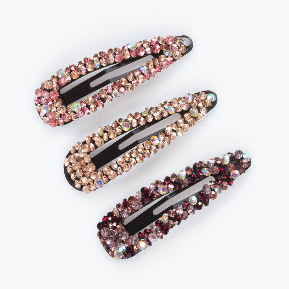 Junona-Girls Pink & Red Crystal Hair Clips (3 Pack) | Childrensalon