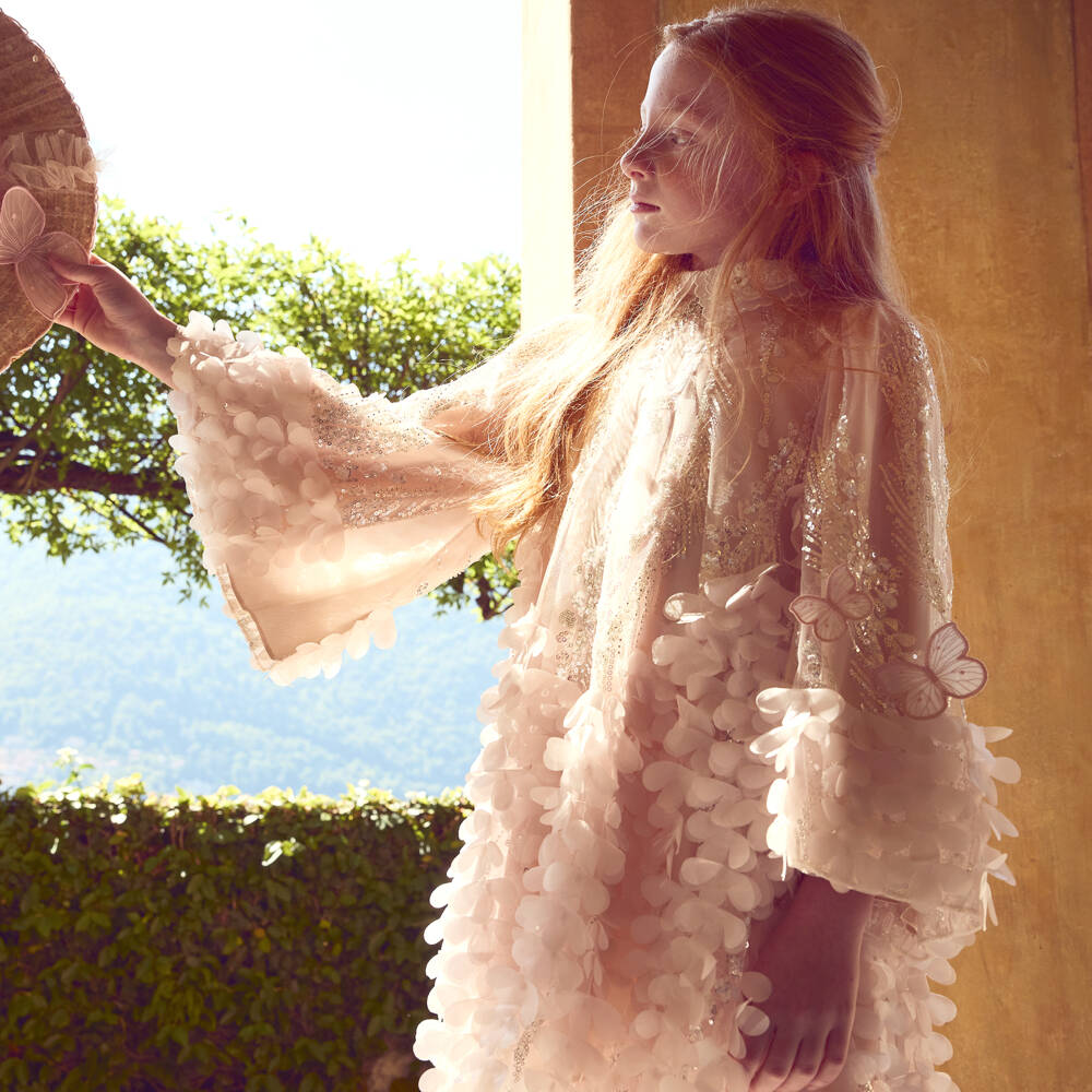 Junona-Girls Pink Sequin Tulle Dress with Florals & Butterflies | Childrensalon