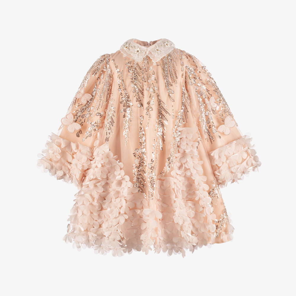 Junona-Girls Pink Sequin Tulle Dress with Florals & Butterflies | Childrensalon