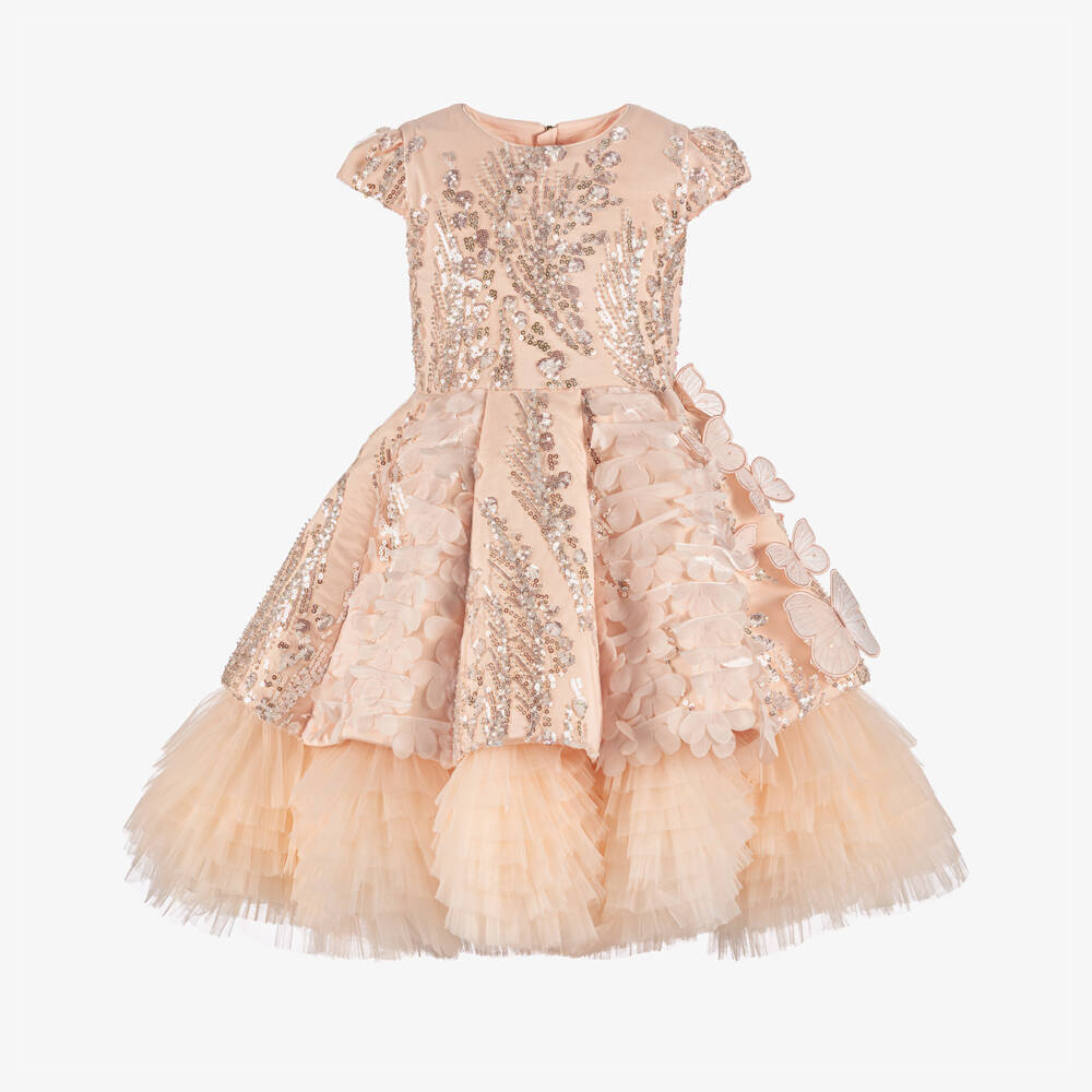 Junona-Girls Pink Sequinned Tulle Dress with Butterflies & Flowers | Childrensalon