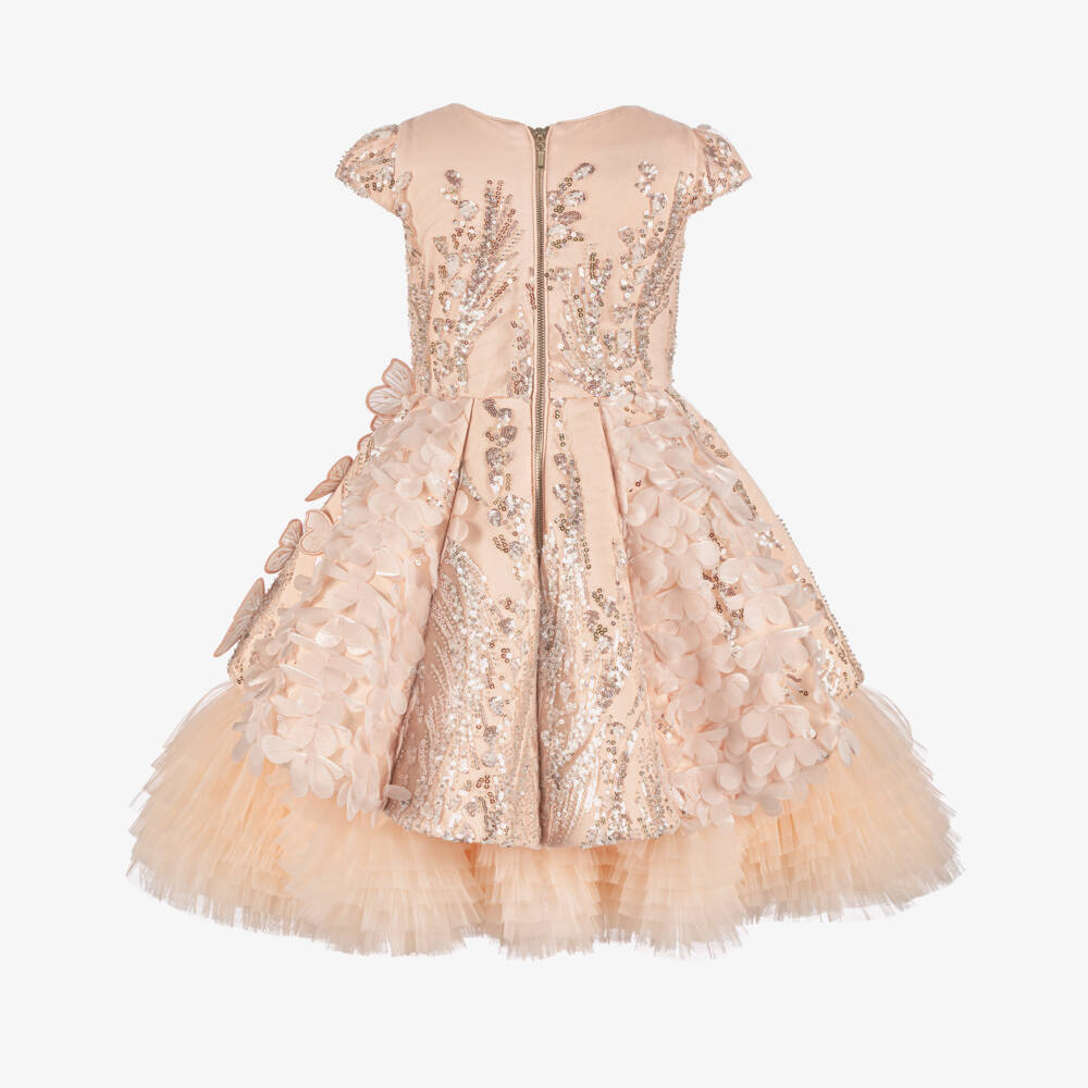 Junona-Girls Pink Sequinned Tulle Dress with Butterflies & Flowers | Childrensalon