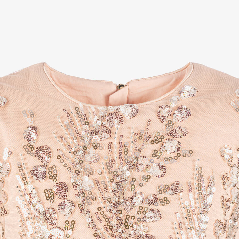 Junona-Girls Pink Sequinned Tulle Dress with Butterflies & Flowers | Childrensalon