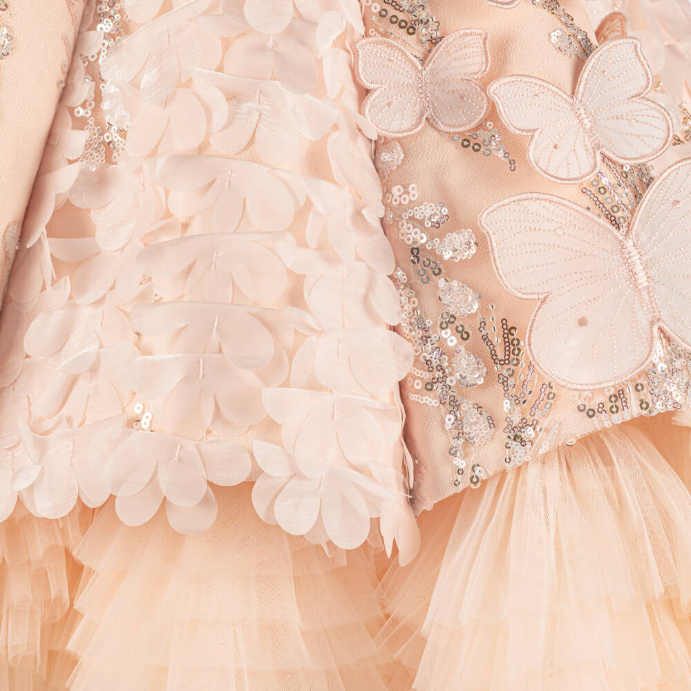 Junona-Girls Pink Sequinned Tulle Dress with Butterflies & Flowers | Childrensalon