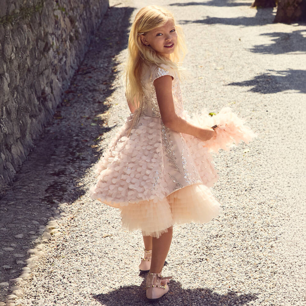 Junona-Girls Pink Sequinned Tulle Dress with Butterflies & Flowers | Childrensalon