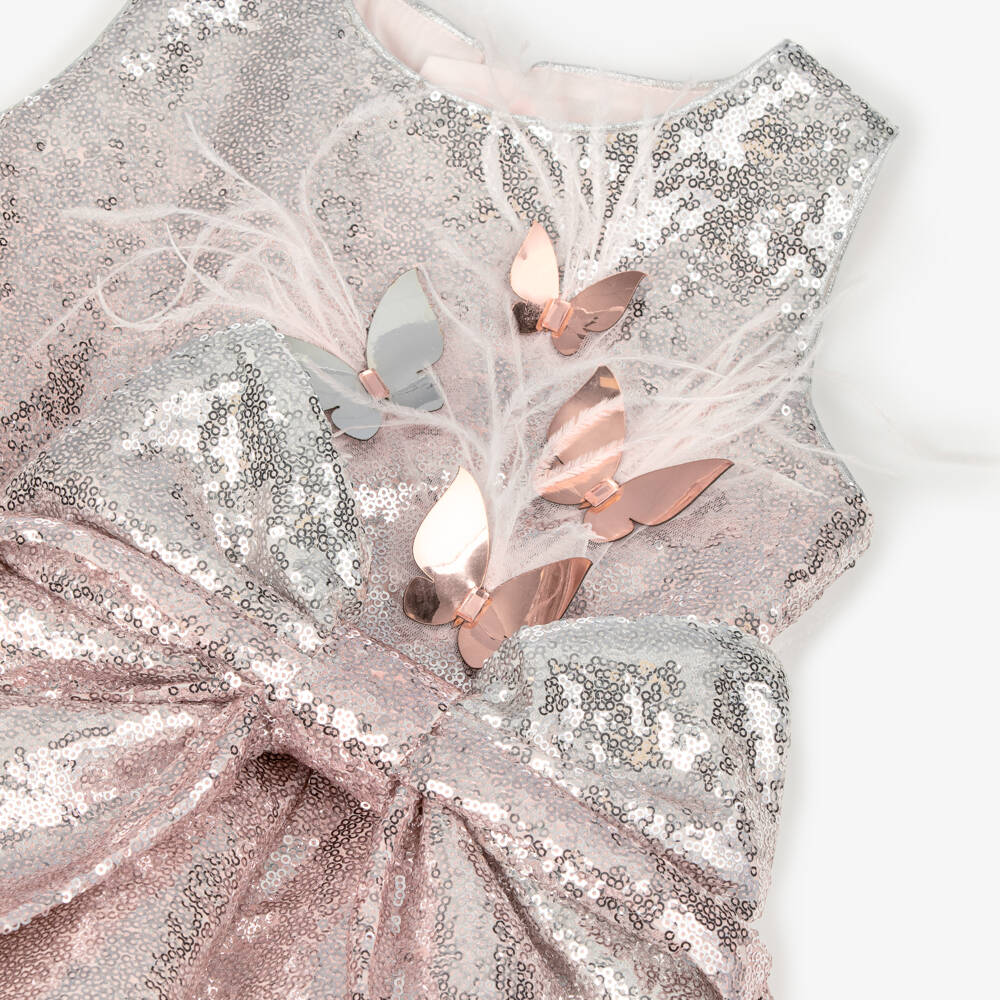 Junona-Girls Pink & Silver Sequin Dress with Bow & Butterfly Motifs | Childrensalon