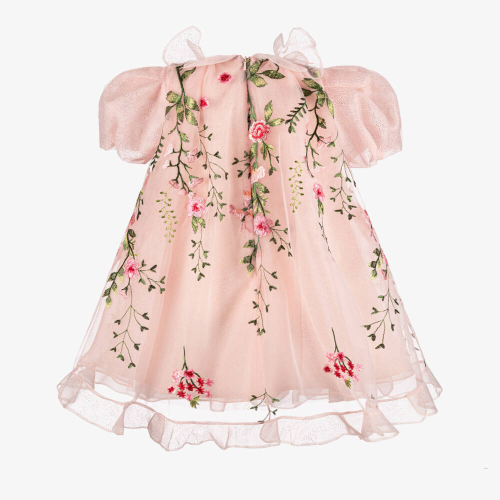 Junona-Платье розовое из тюля с вышивкой цветов и бабочек для девочек | Childrensalon
