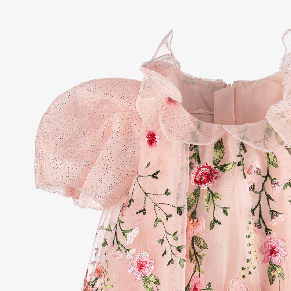 Junona-Платье розовое из тюля с вышивкой цветов и бабочек для девочек | Childrensalon