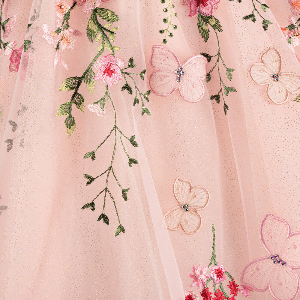 Junona-Платье розовое из тюля с вышивкой цветов и бабочек для девочек | Childrensalon
