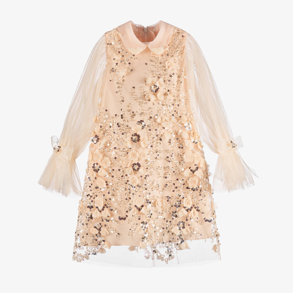 Junona-Girls Pink Tulle Dress with Floral & Sequin Embellishments | Childrensalon