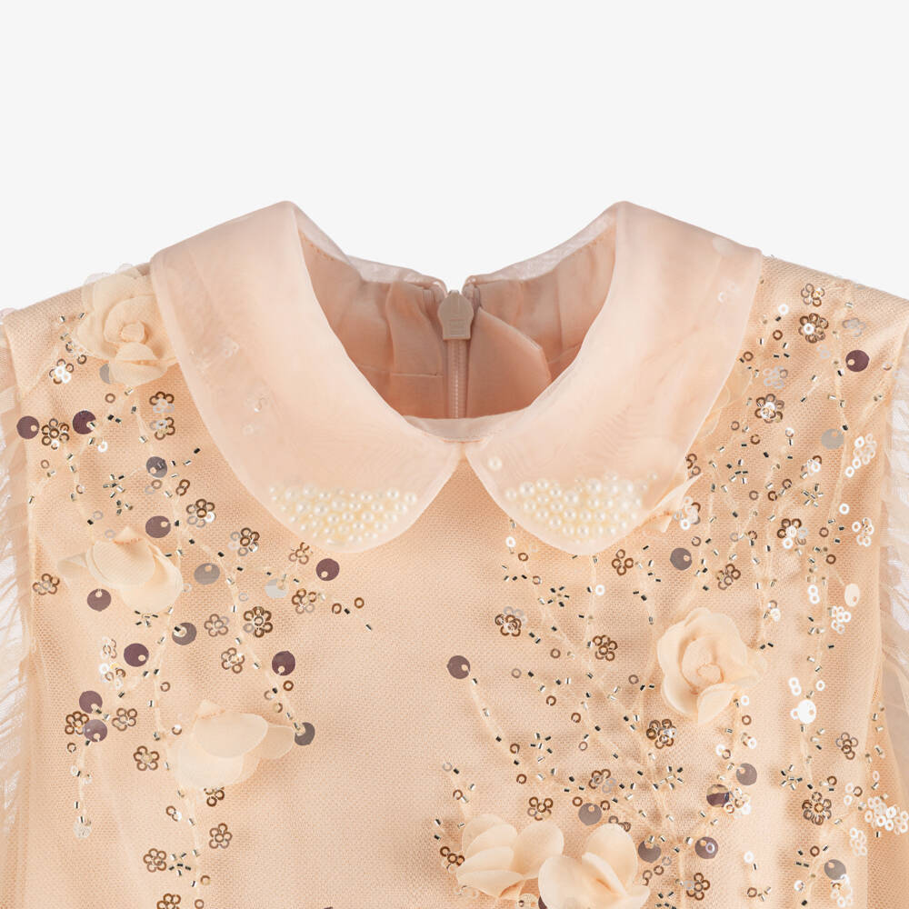 Junona-Girls Pink Tulle Dress with Floral & Sequin Embellishments | Childrensalon