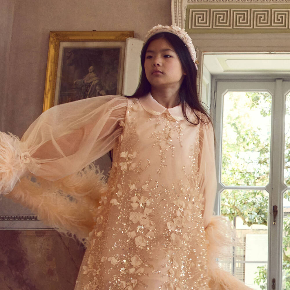 Junona-Girls Pink Tulle Dress with Floral & Sequin Embellishments | Childrensalon