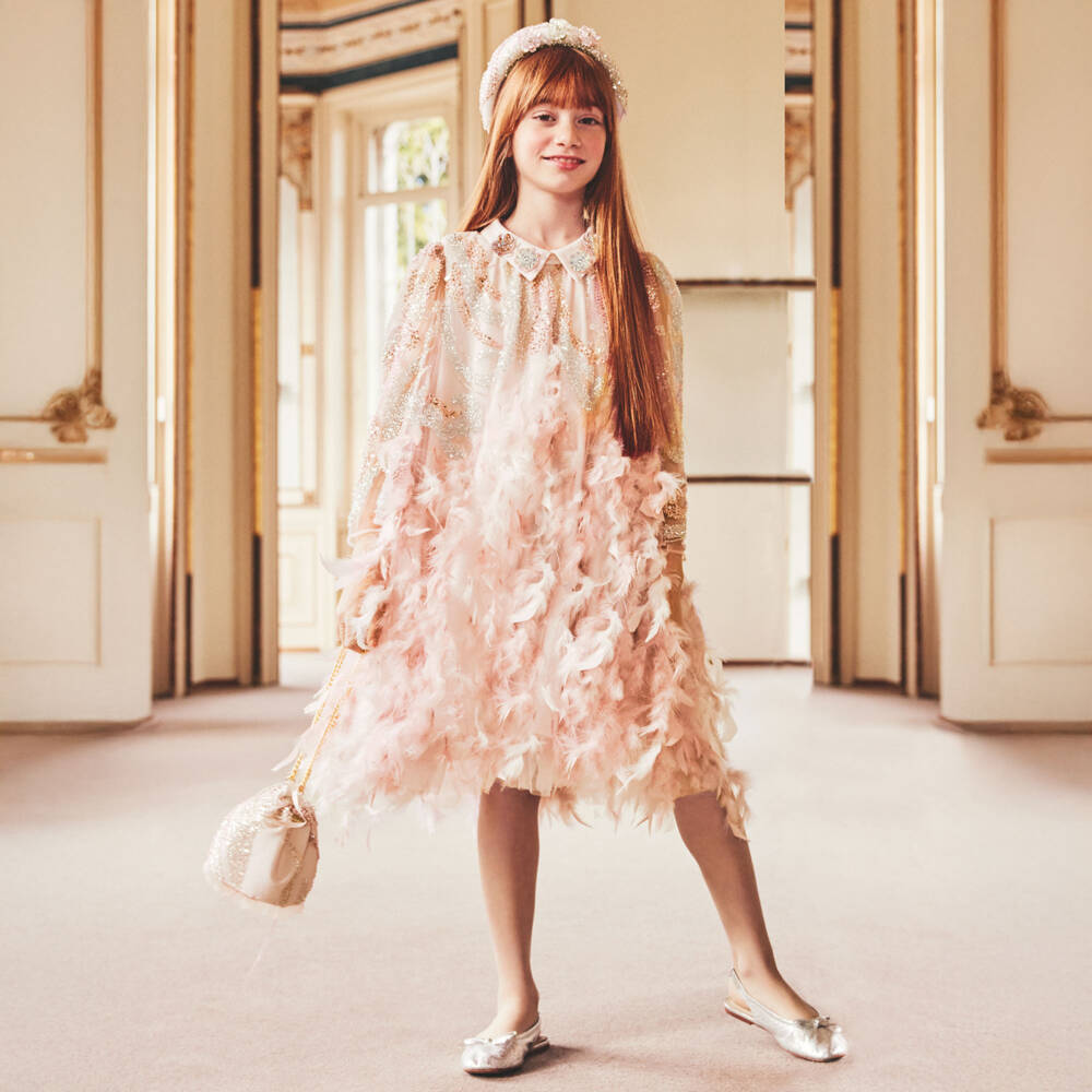 Junona-Girls Pink Tulle Dress with Sequin & Feather Trim | Childrensalon