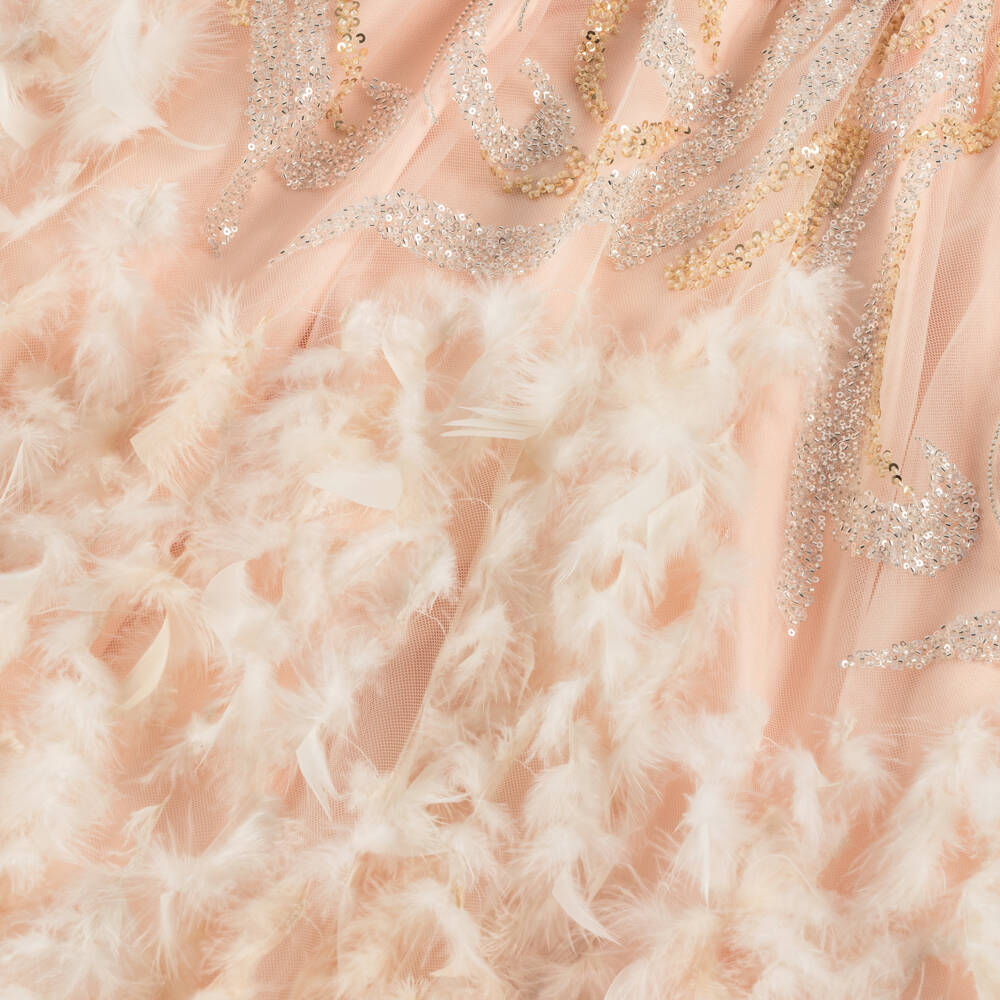 Junona-Girls Pink Tulle Dress with Sequin & Feather Trim | Childrensalon