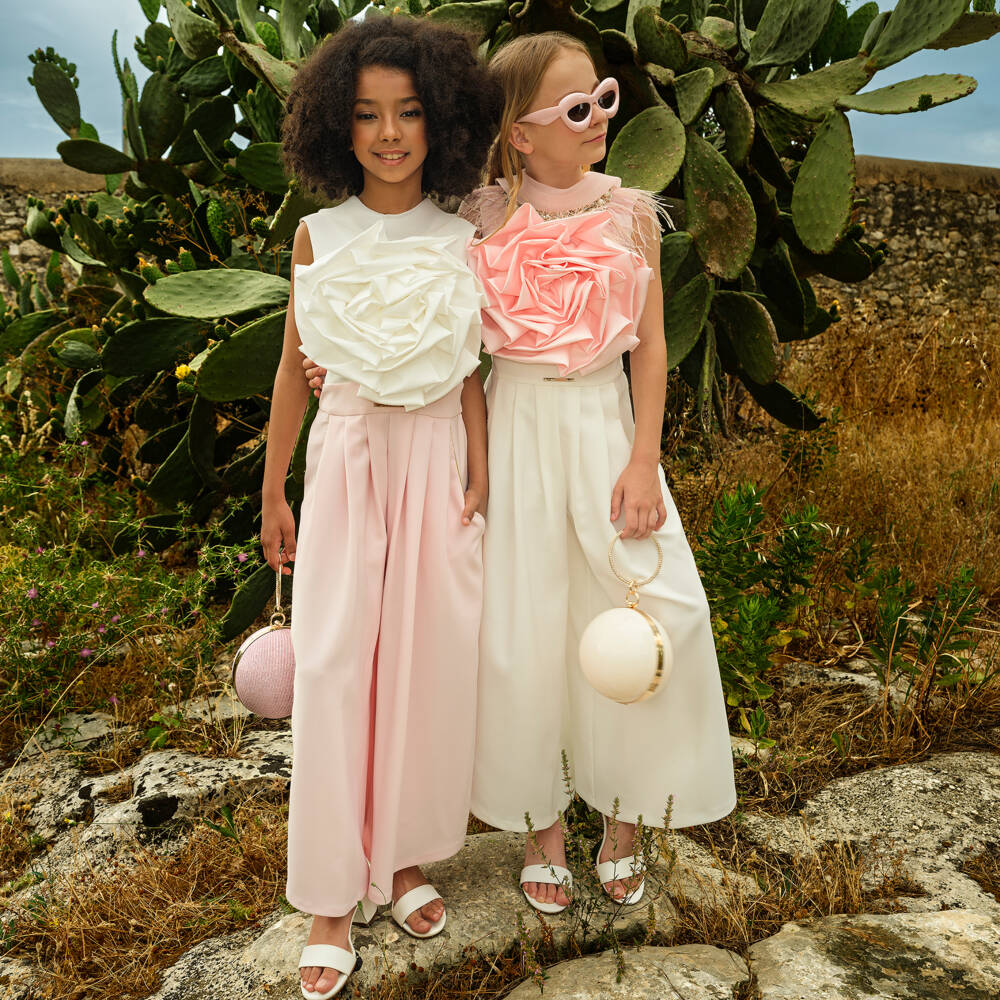 Junona-Girls Pink & White Flower Jumpsuit | Childrensalon