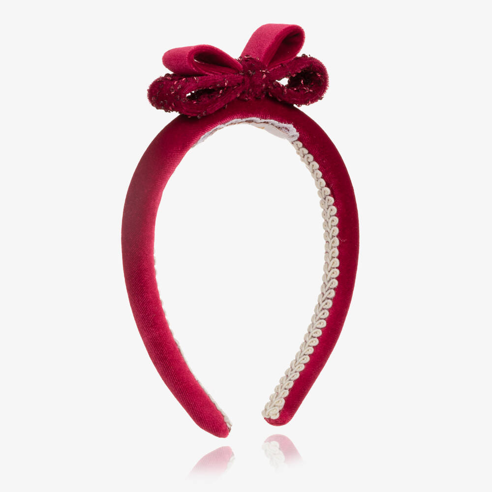 Junona-Girls Red Velvet Beaded Bow Hairband | Childrensalon