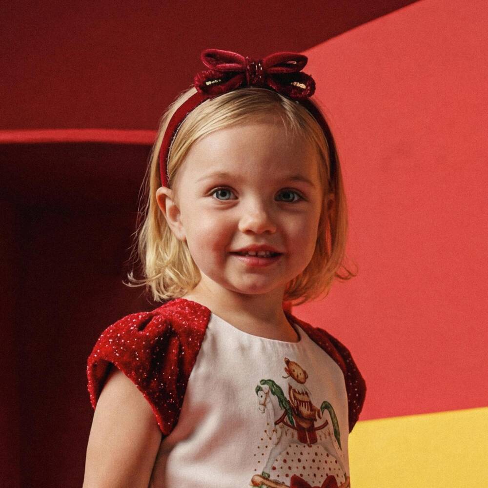 Junona-Girls Red Velvet Beaded Bow Hairband | Childrensalon