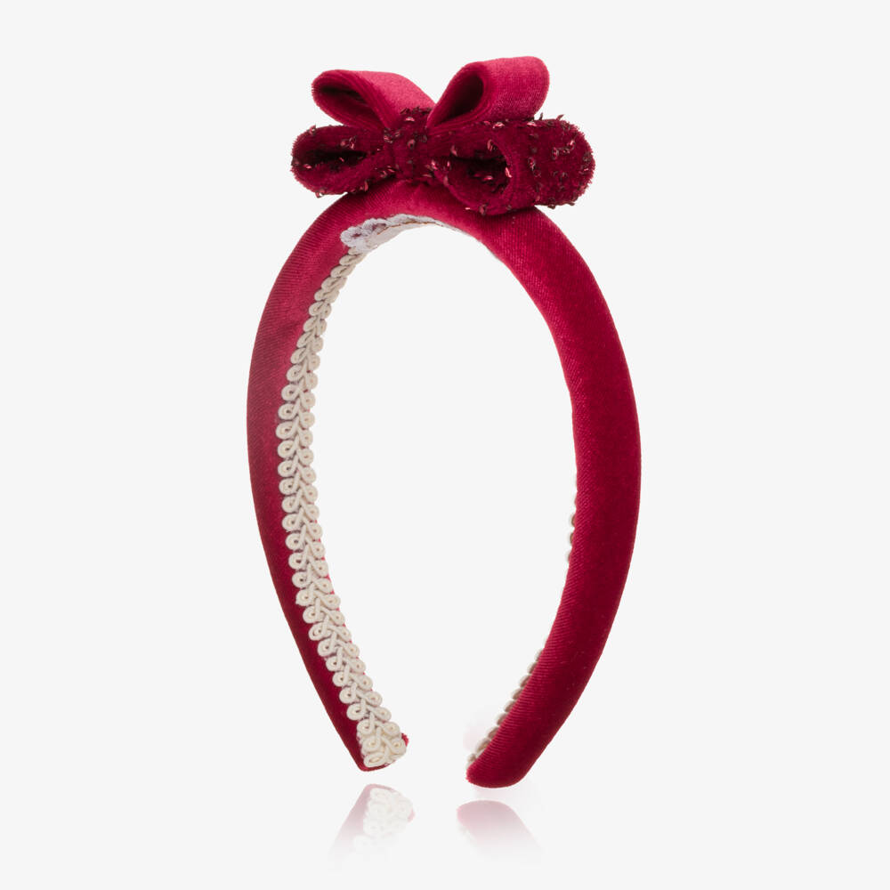 Junona-Girls Red Velvet Beaded Bow Hairband | Childrensalon