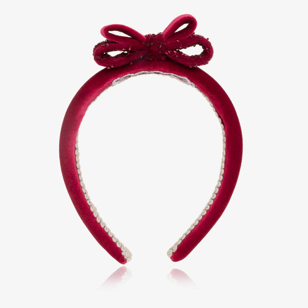 Junona-Girls Red Velvet Beaded Bow Hairband | Childrensalon