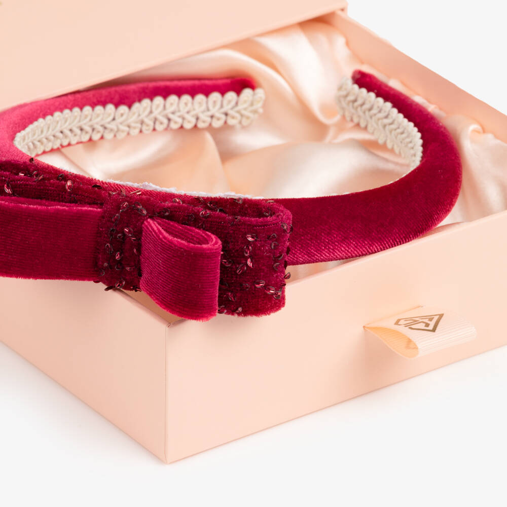 Junona-Girls Red Velvet Beaded Bow Hairband | Childrensalon