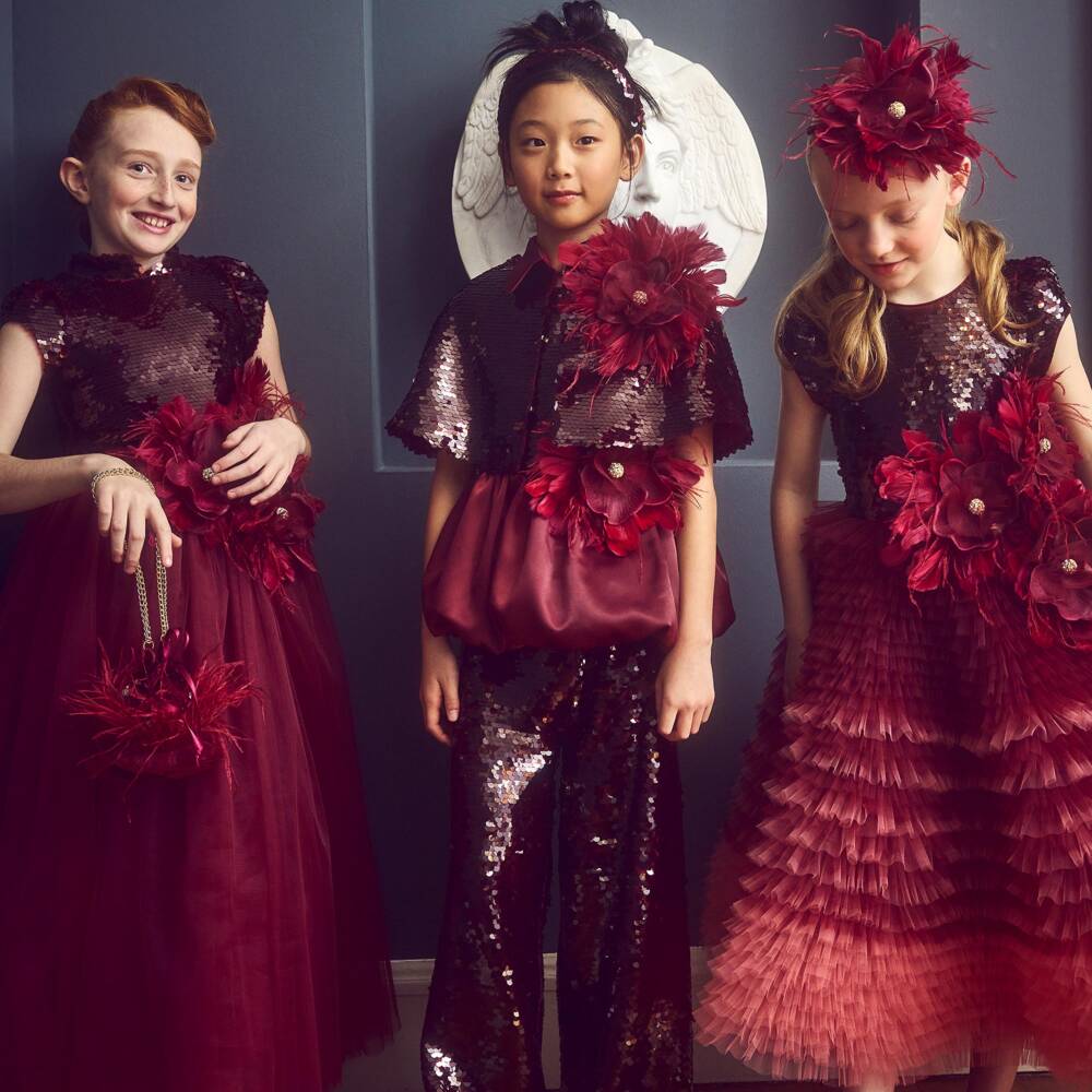 Junona-Girls Sequin Trousers in Burgundy Red | Childrensalon