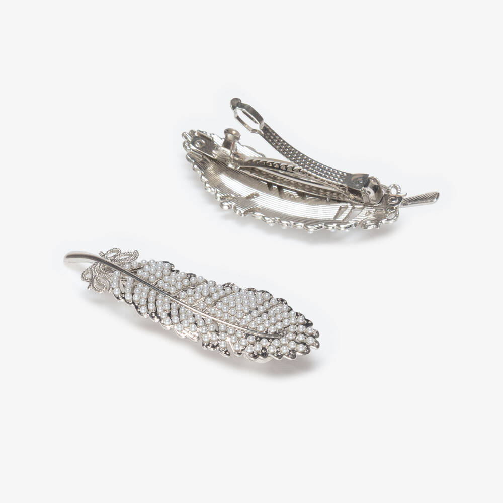 Junona-مشبك شعر مزينة بالريش والخرز لون فضي للبنات (عدد 2) | Childrensalon