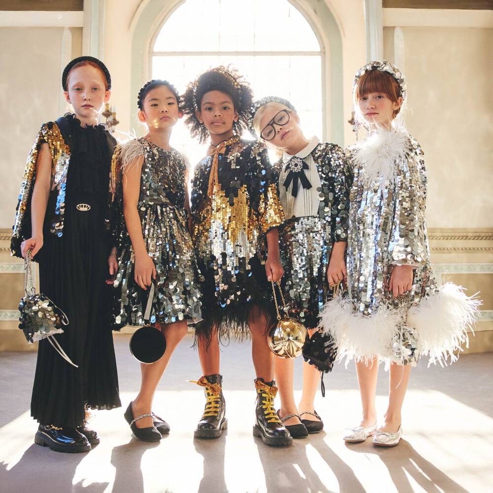 Junona-Girls Silver Sequinned Tulle Dress with a Crystal & Feather Brooch | Childrensalon
