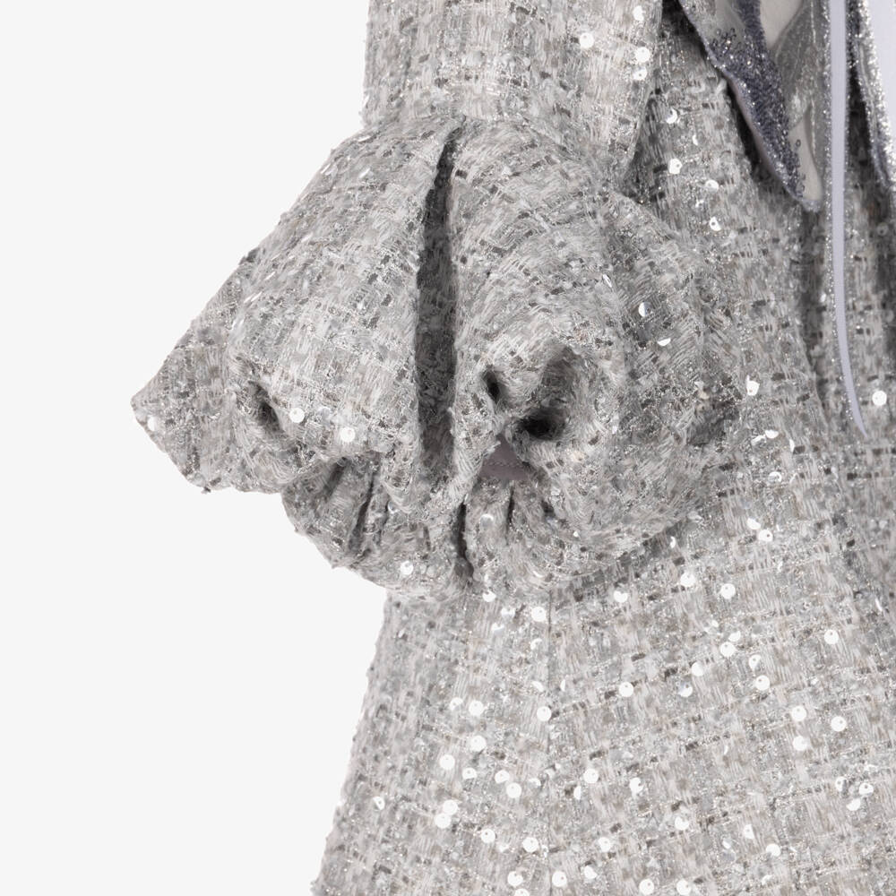 Junona-Girls Silver Tweed Dress with Sequins & Embroidery | Childrensalon