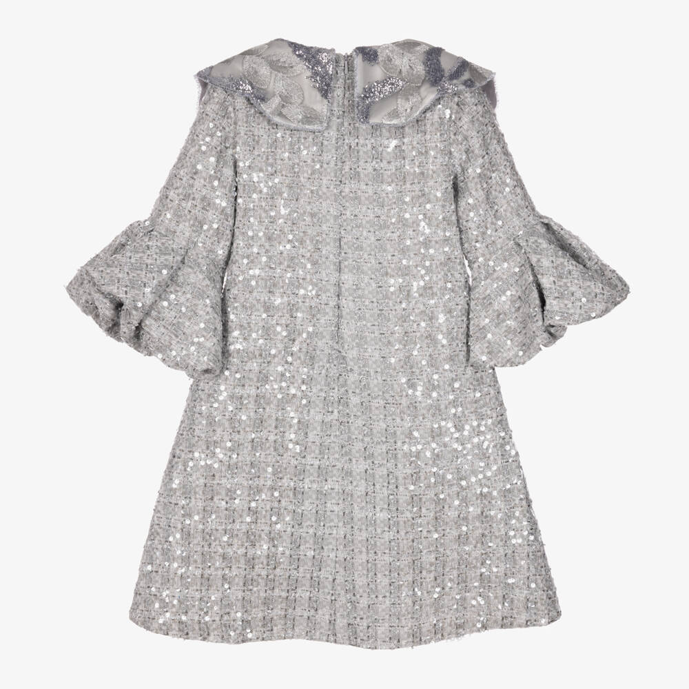 Junona-Girls Silver Tweed Dress with Sequins & Embroidery | Childrensalon