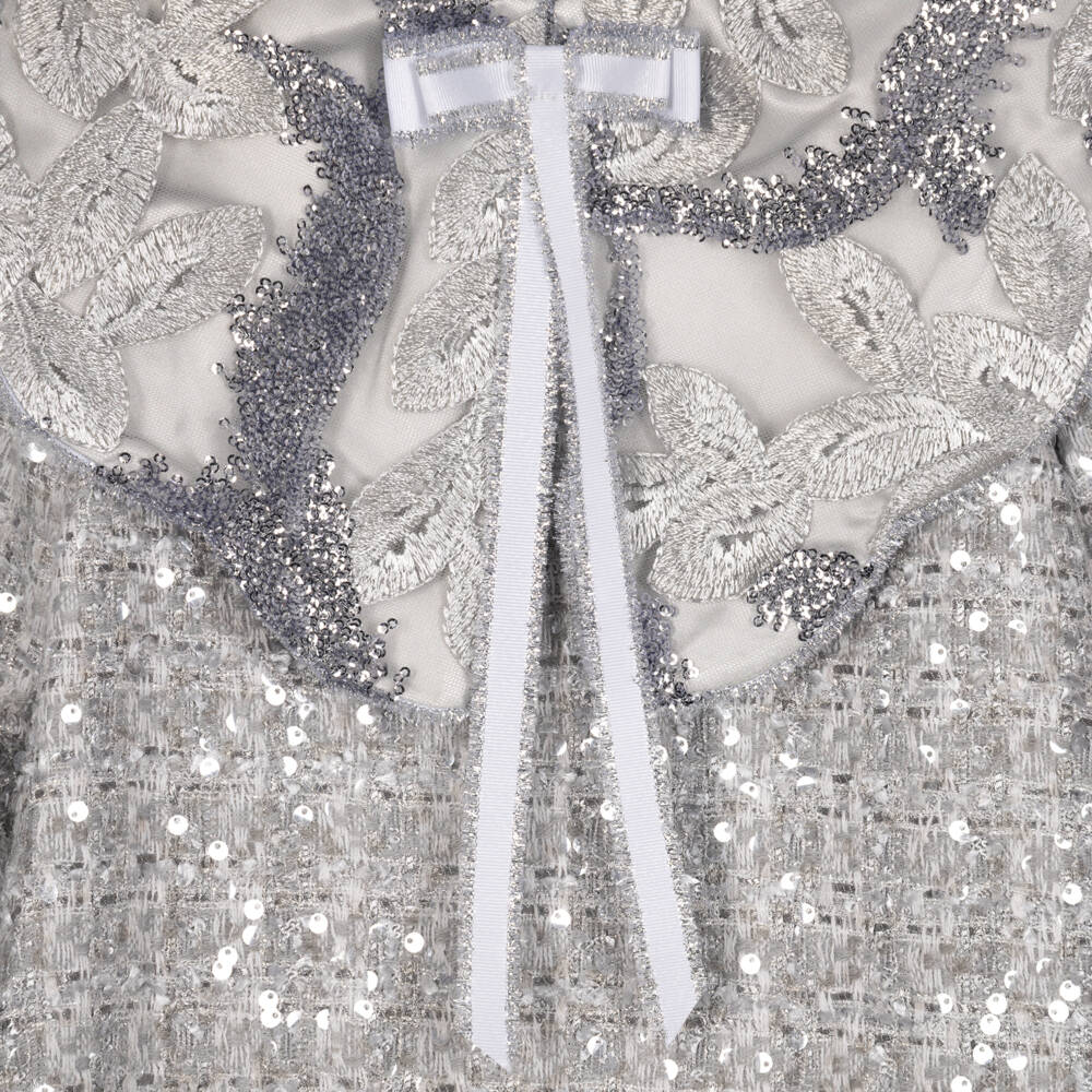 Junona-Girls Silver Tweed Dress with Sequins & Embroidery | Childrensalon