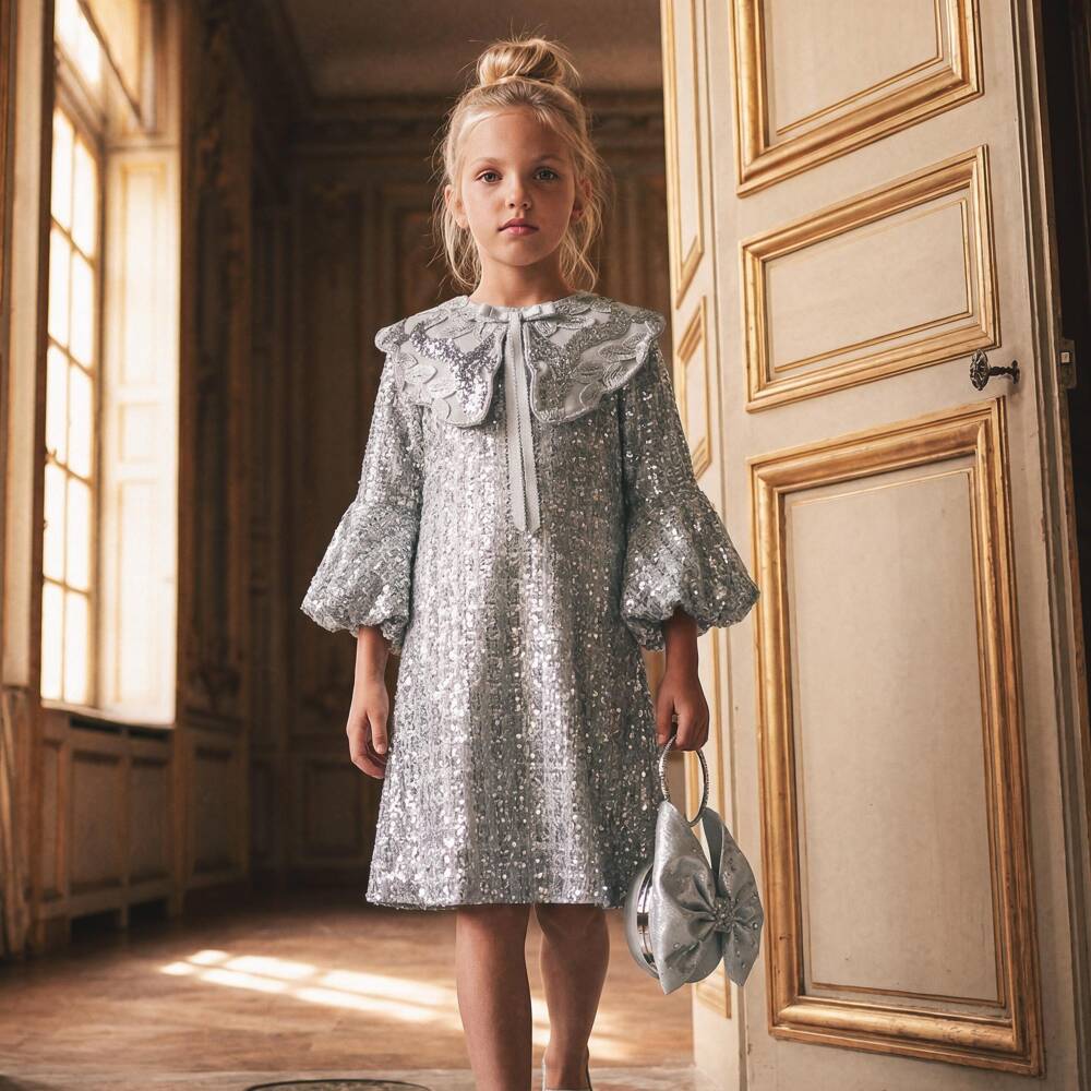 Junona-Girls Silver Tweed Dress with Sequins & Embroidery | Childrensalon
