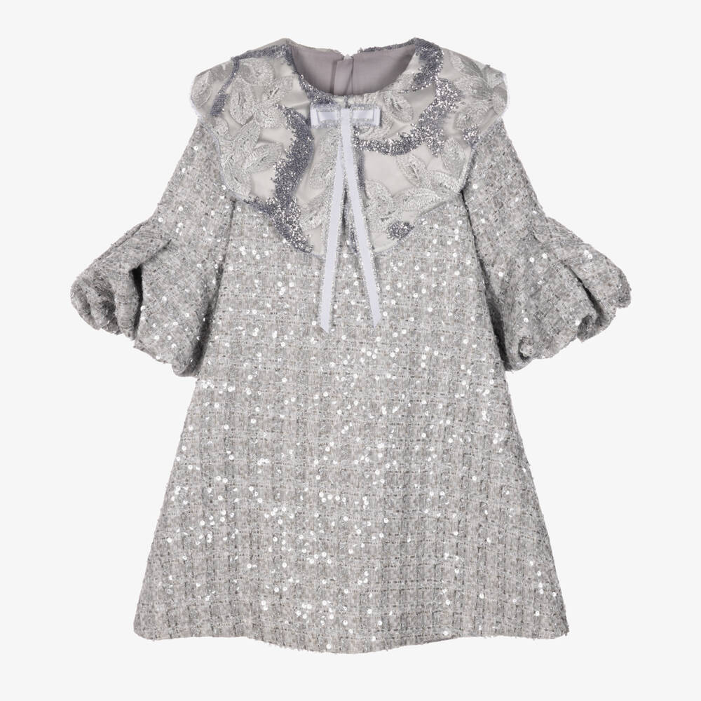 Junona-Girls Silver Tweed Dress with Sequins & Embroidery | Childrensalon