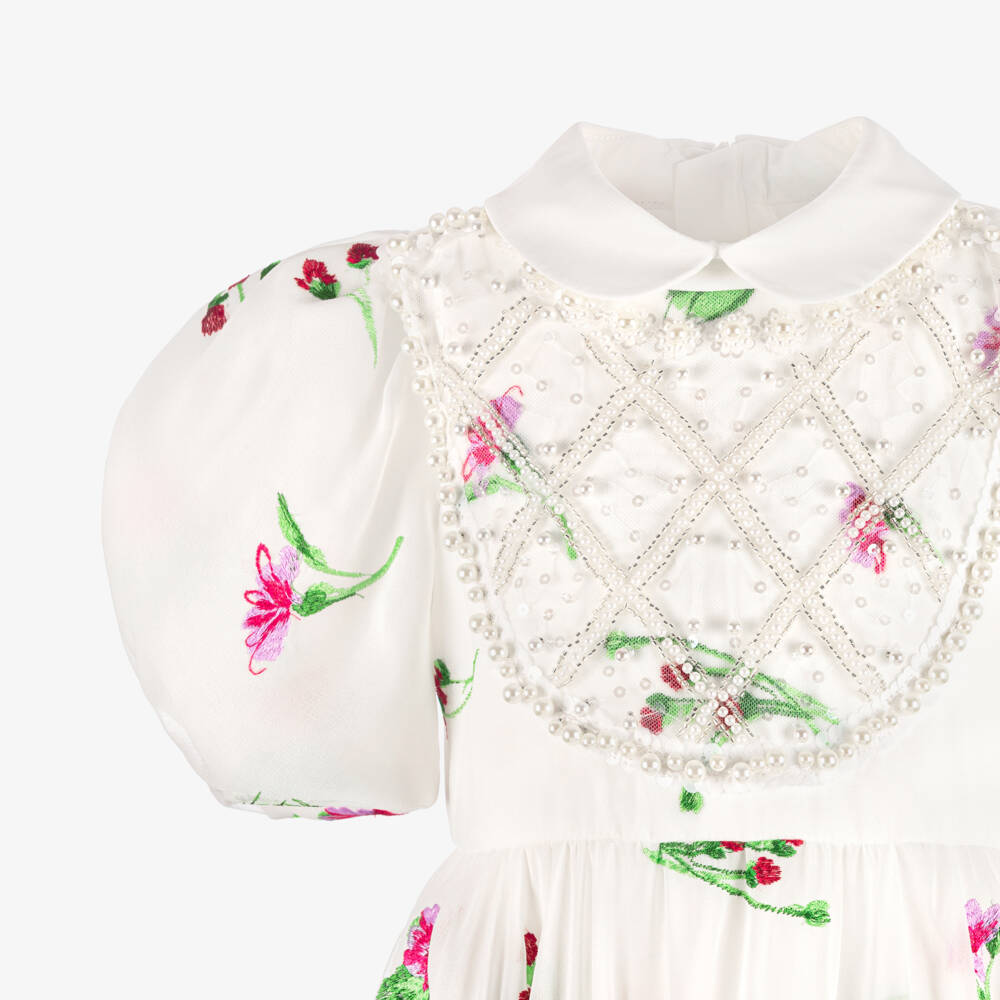 Junona-فستان شيفون مطرز ورود لون أبيض للبنات | Childrensalon