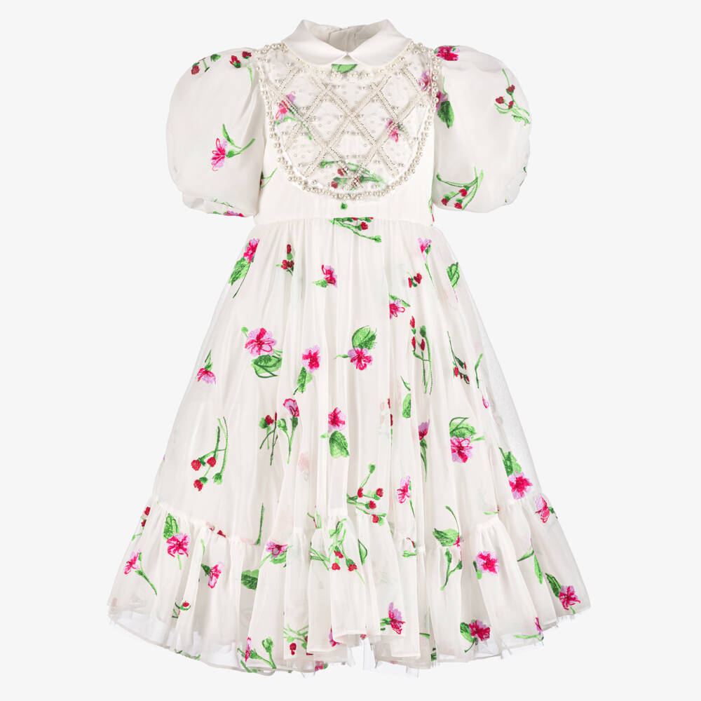 Junona-Girls White Chiffon Dress with Pink Floral Embroidery | Childrensalon