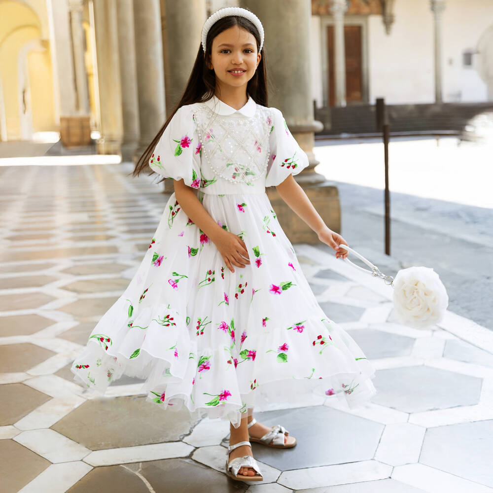 Junona-فستان شيفون مطرز ورود لون أبيض للبنات | Childrensalon