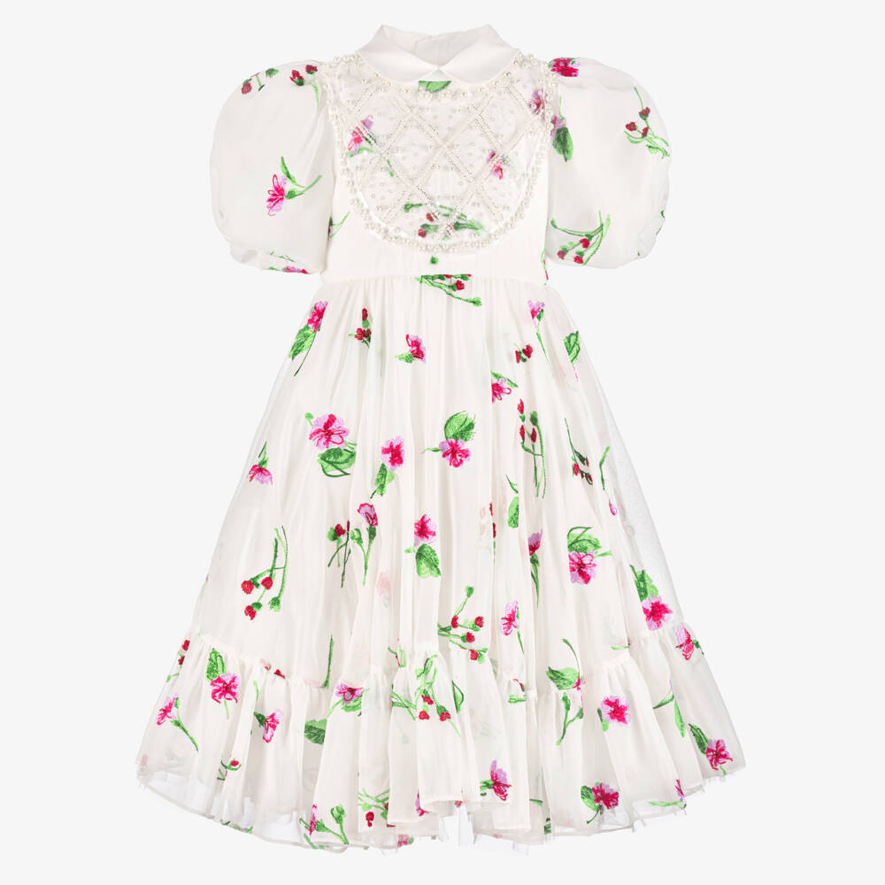 Junona-Girls White Chiffon Dress with Pink Floral Embroidery | Childrensalon